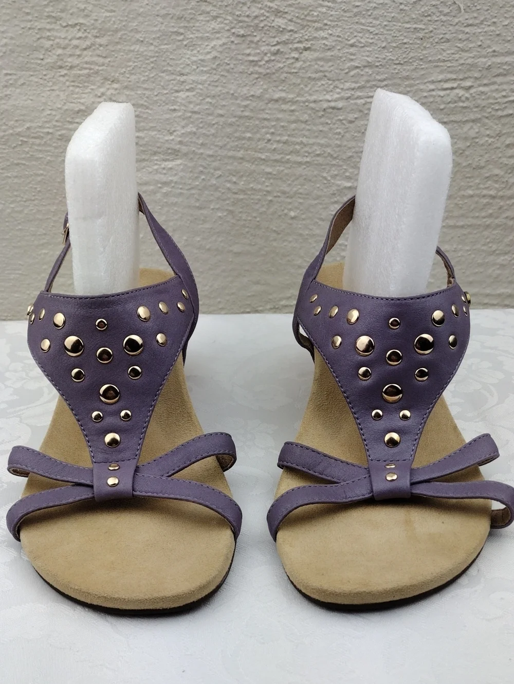 Vionic Orthaheel Catarina Leather Purple Studded Open Toe Slingback Wedge Sandal